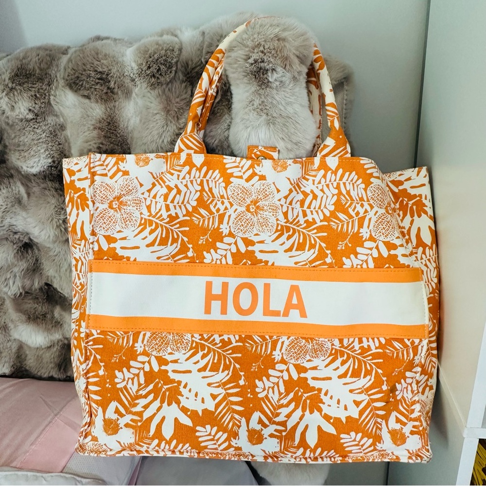 No Boundaries Orange Floral Tote Bag with 'HOLA' Print